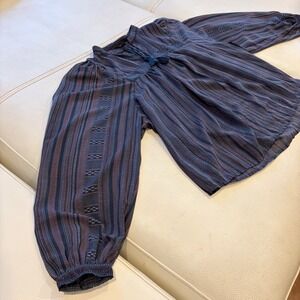 Lucky Brand Women L Sheer Blouse Blue Burgundy Striped Tassel Cottagcore Peasant